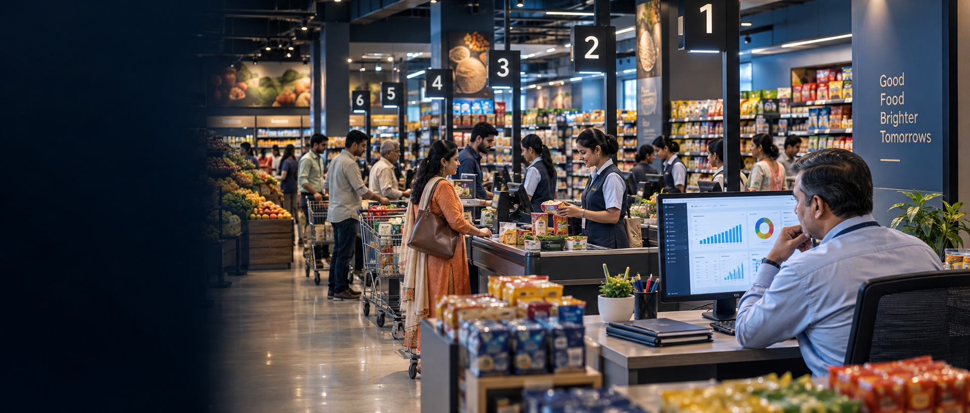 Modern Indian supermarket operating multiple SKY ERP-style billing counters