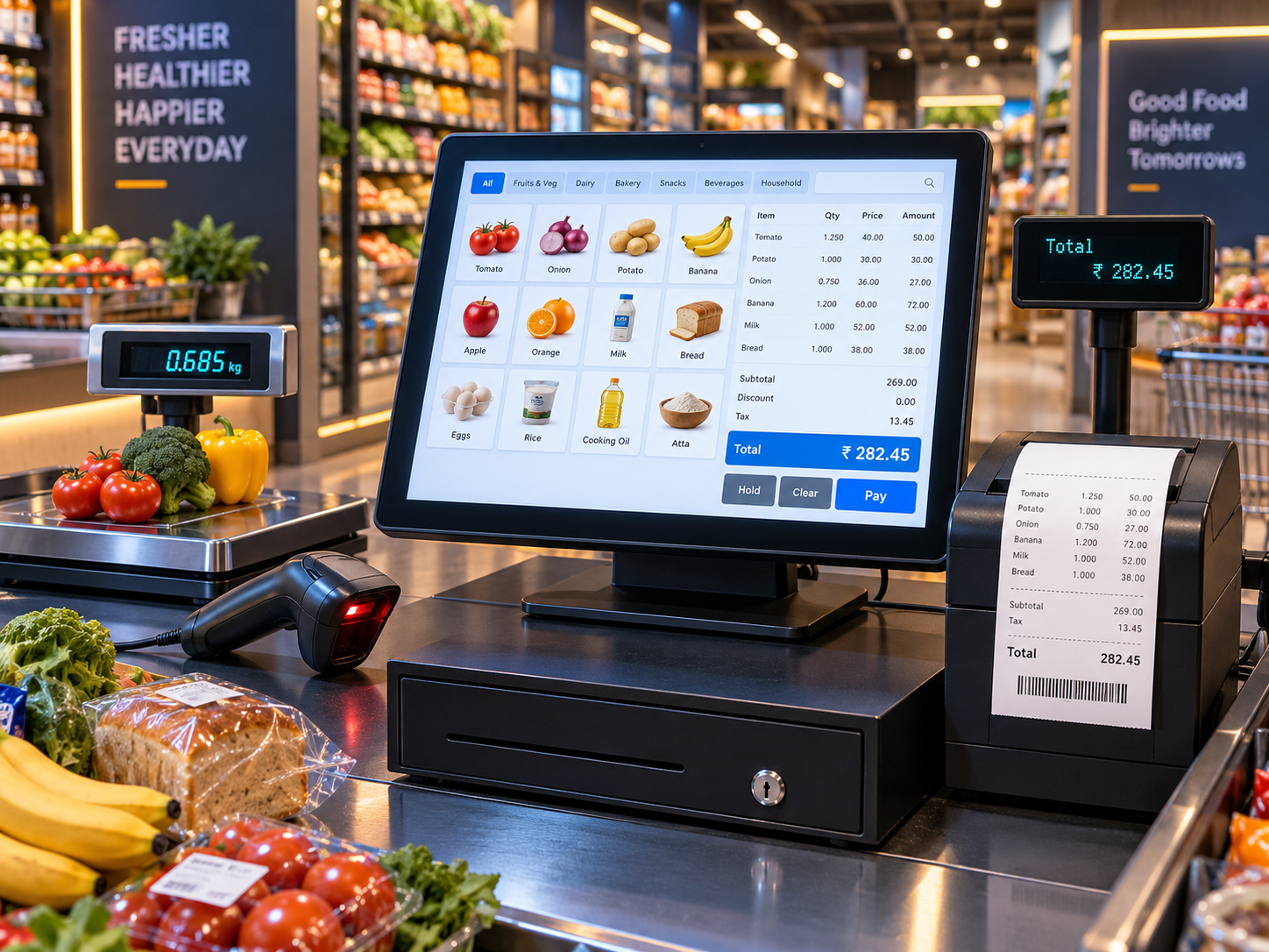 Premium supermarket touch POS with barcode scanner, weighing scale, cash drawer and 82 mm receipt printer